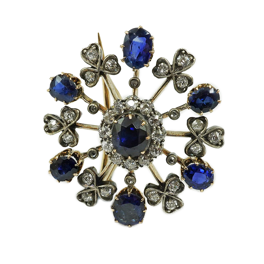 A late Victorian gold, sapphire and diamond cluster brooch